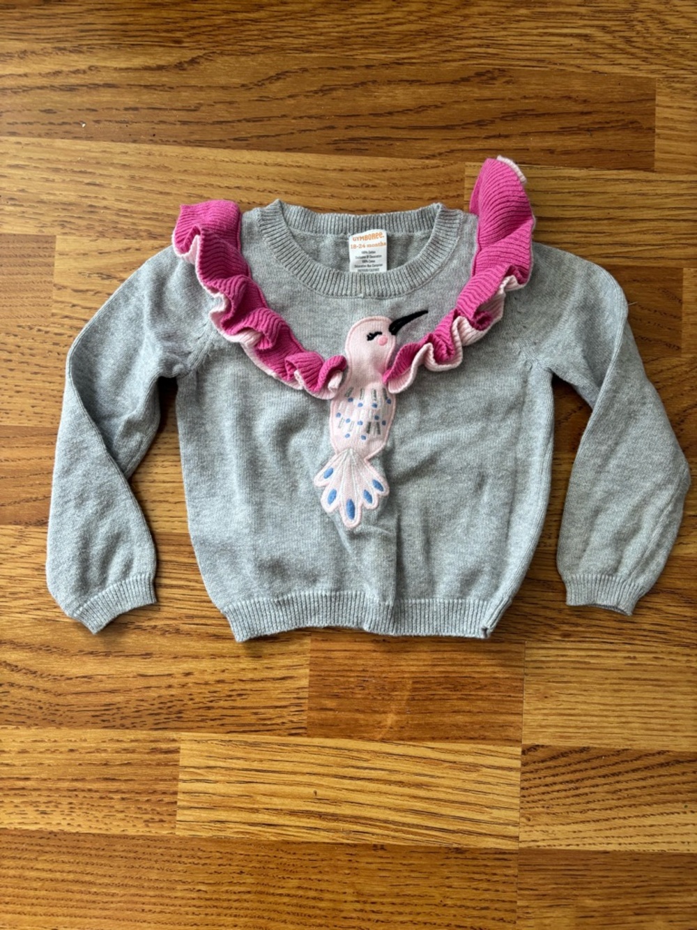 Gymboree Novelty Hummingbird Sweater Ruffles Cotton Gray and Pink 18-24 months